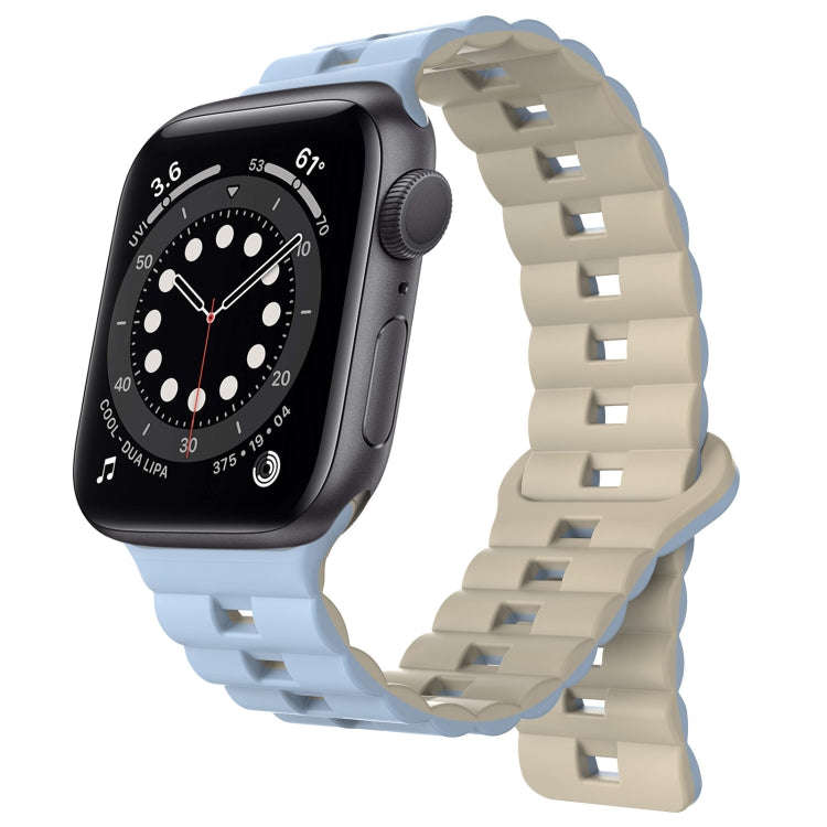 For Apple Watch Series 6 44mm Reverse Buckle Two Color Magnetic Silicone Watch Band(Blue+Starlight)