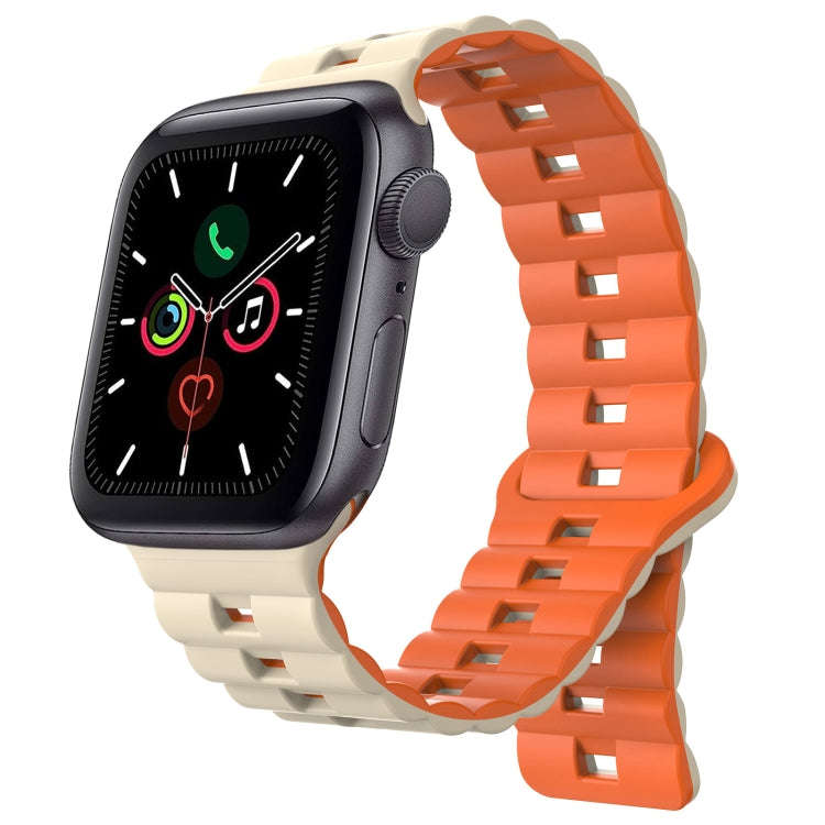 For Apple Watch Series 5 44mm Reverse Buckle Two Color Magnetic Silicone Watch Band(Starlight+Ora...