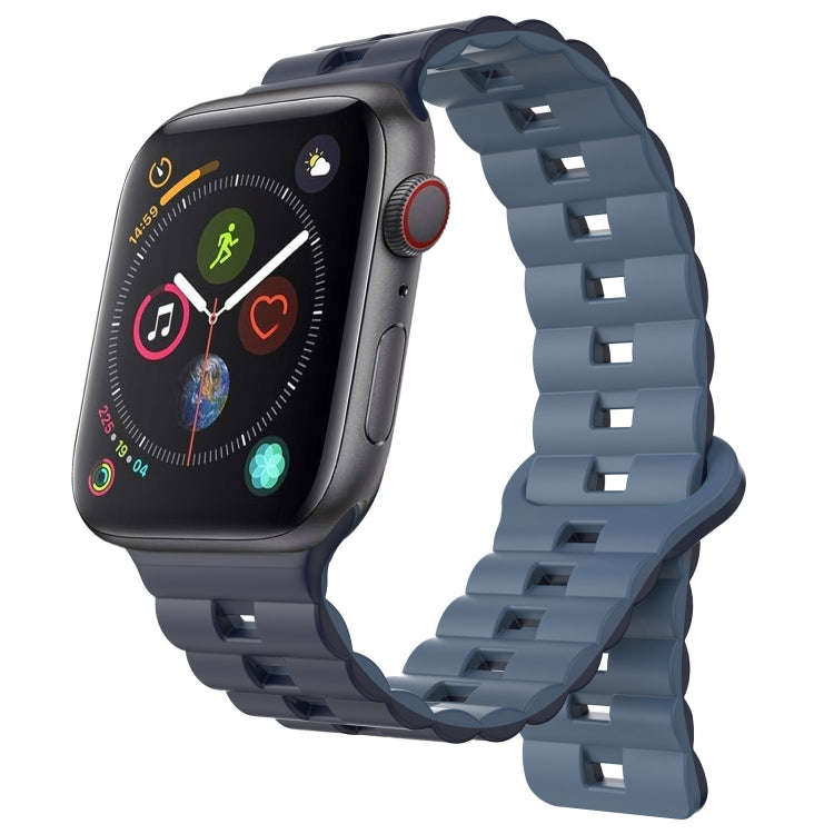 For Apple Watch Series 4 44mm Reverse Buckle Two Color Magnetic Silicone Watch Band(Dark Blue+Lig...