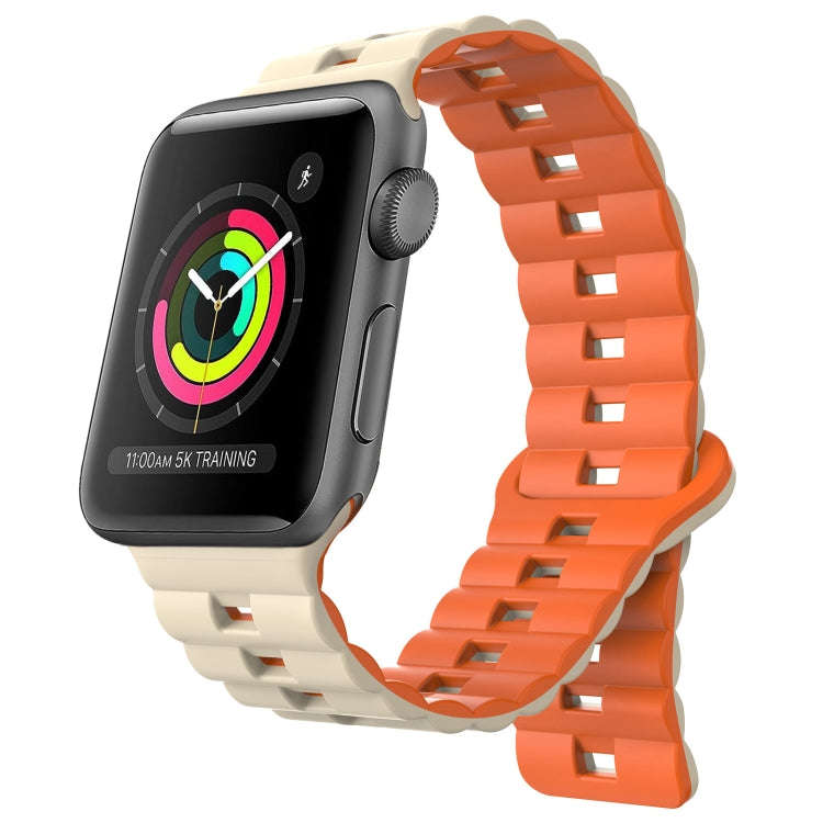 For Apple Watch Series 3 38mm Reverse Buckle Two Color Magnetic Silicone Watch Band(Starlight+Ora...