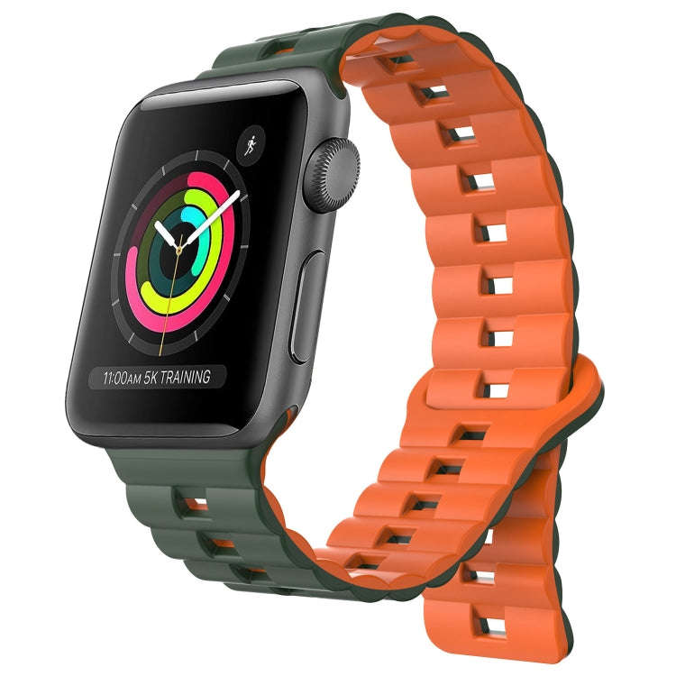 For Apple Watch Series 3 38mm Reverse Buckle Two Color Magnetic Silicone Watch Band(Olive Green+O...