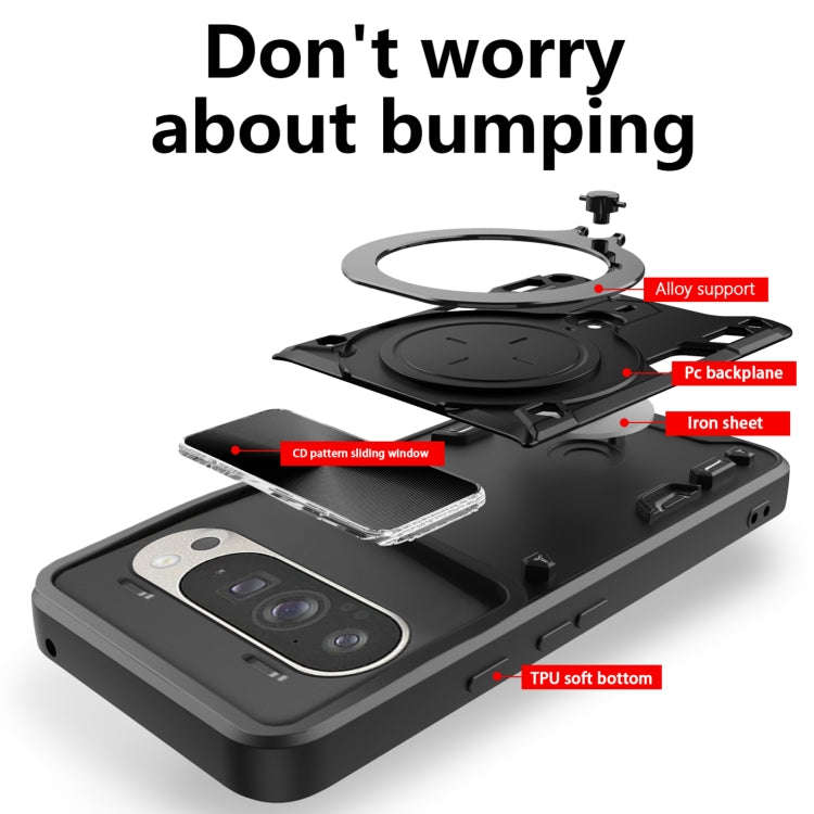 For Google Pixel 9 / 9 Pro CD Texture Sliding Camshield Magnetic Holder Phone Case(Black)