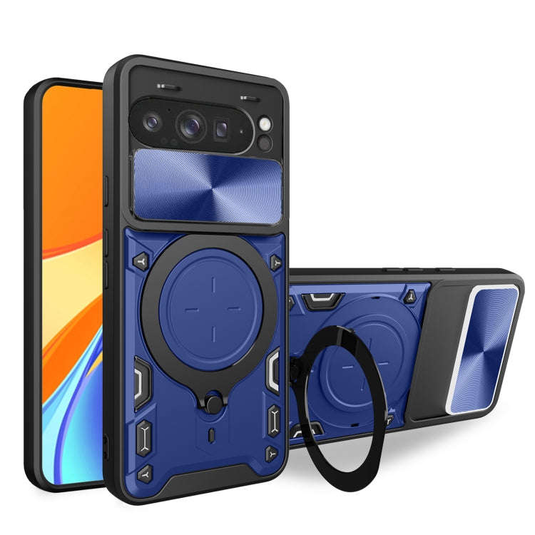 For Google Pixel 9 Pro XL CD Texture Sliding Camshield Magnetic Holder Phone Case(Blue)
