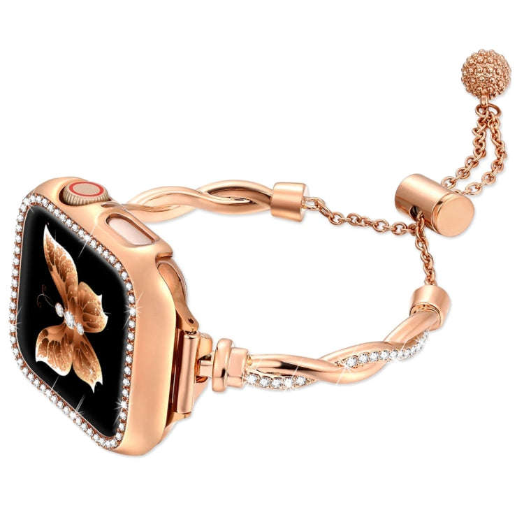 For Apple Watch Series 7 45mm Twist Bracelet Diamond Metal Watch Band(Rose Gold)