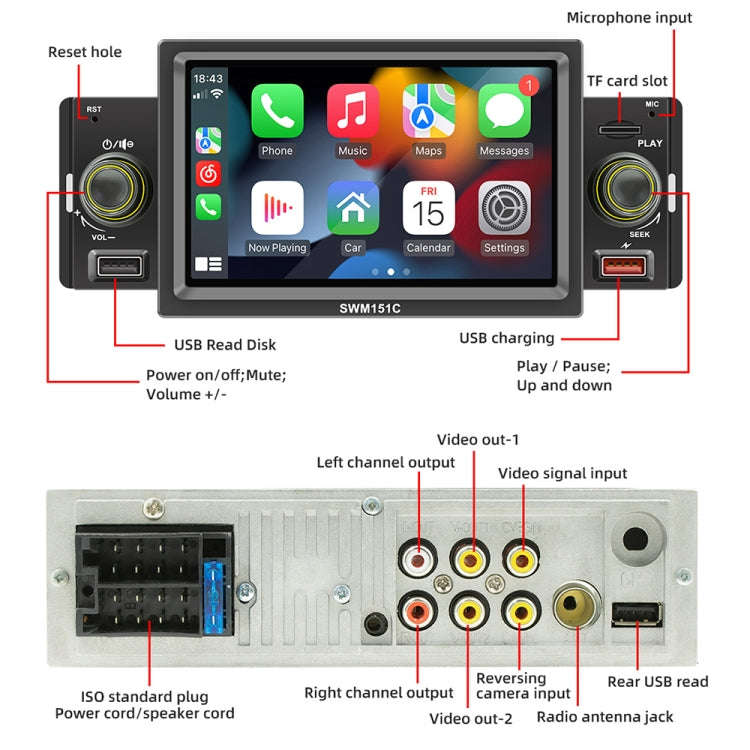 SWM151C 5 inch Portable Car MP5 Player Support CarPlay / Android Auto(Black)
