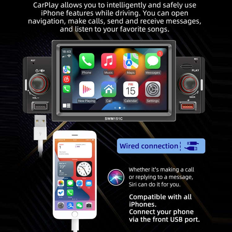 SWM151C 5 inch Portable Car MP5 Player Support CarPlay / Android Auto(Black)