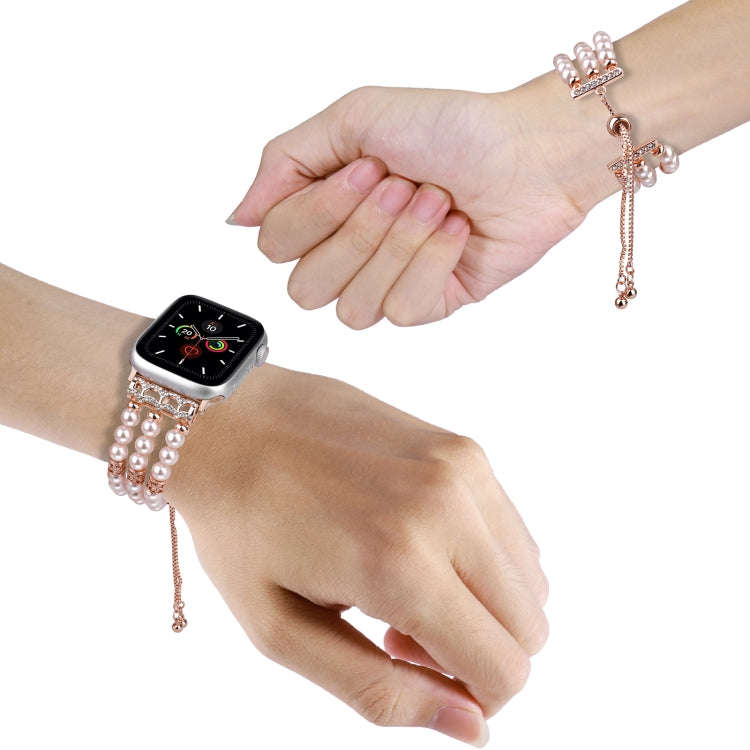 For Apple Watch Series 8 41mm Beaded Pearl Retractable Chain Watch Band(Pink)