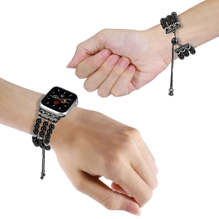 For Apple Watch Series 5 44mm Beaded Pearl Retractable Chain Watch Band(Black)