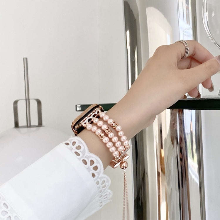 For Apple Watch Series 7 41mm Beaded Pearl Retractable Chain Watch Band(White)