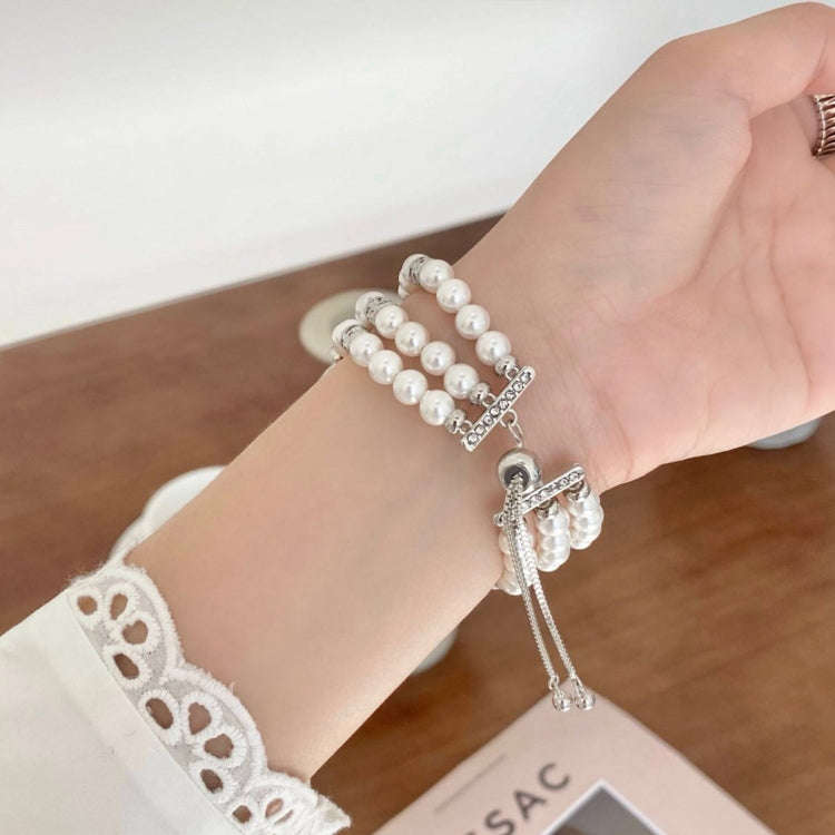 For Apple Watch Series 7 41mm Beaded Pearl Retractable Chain Watch Band(White)