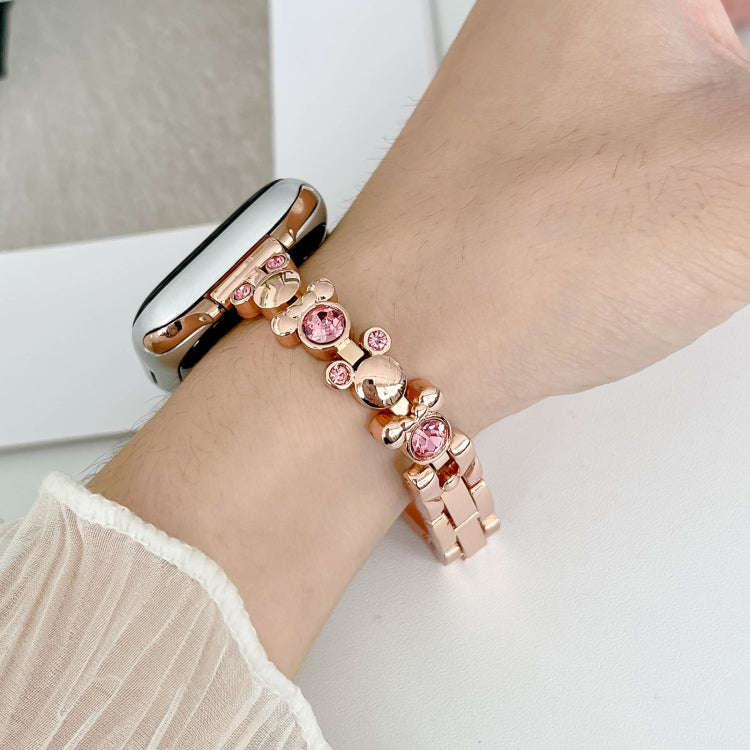 For Apple Watch SE 2023 44mm Metal Diamond Bear Chain Watch Band(Rose Gold)