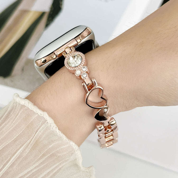 For Apple Watch Series 9 41mm Diamond Hearts Metal Chain Watch Band(Rose Gold)