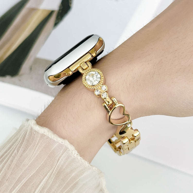 For Apple Watch Series 7 41mm Diamond Hearts Metal Chain Watch Band(Gold)