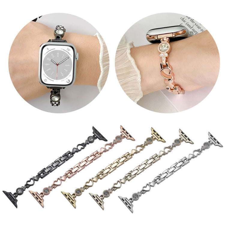 For Apple Watch Series 8 41mm Diamond Hearts Metal Chain Watch Band(Silver)