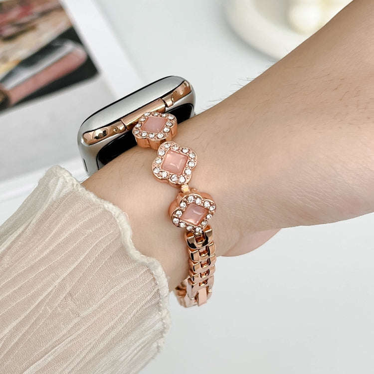 For Apple Watch Series 6 44mm Diamond Four-leaf Clover Metal Chain Watch Band(Rose Gold)