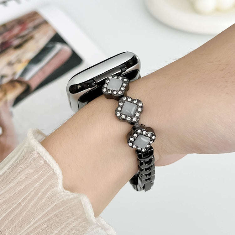 For Apple Watch Series 2 42mm Diamond Four-leaf Clover Metal Chain Watch Band(Black)