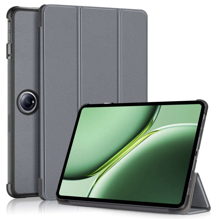 For OnePlus Pad Pro / Pad 2 Custer Solid Color 3-fold Holder Smart Leather Tablet Case(Grey)
