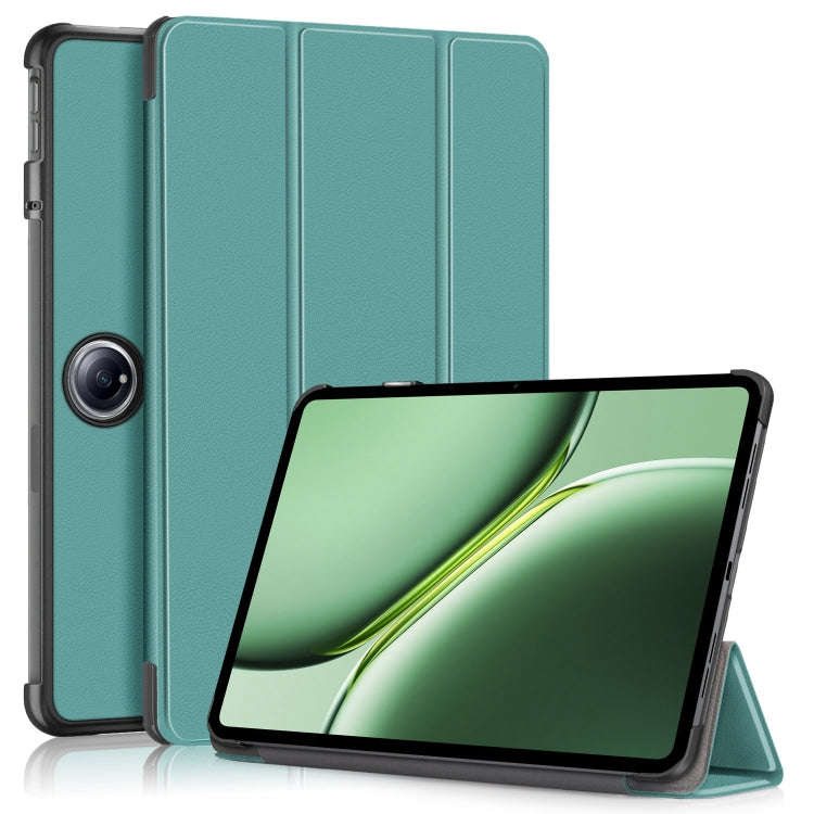For OnePlus Pad Pro / Pad 2 Custer Solid Color 3-fold Holder Smart Leather Tablet Case(Green)