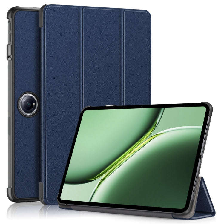 For OnePlus Pad Pro / Pad 2 Custer Solid Color 3-fold Holder Smart Leather Tablet Case(Dark Blue)