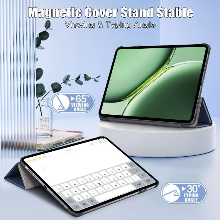 For OnePlus Pad Pro / Pad 2 Custer Solid Color 3-fold Holder Smart Leather Tablet Case(Dark Blue)
