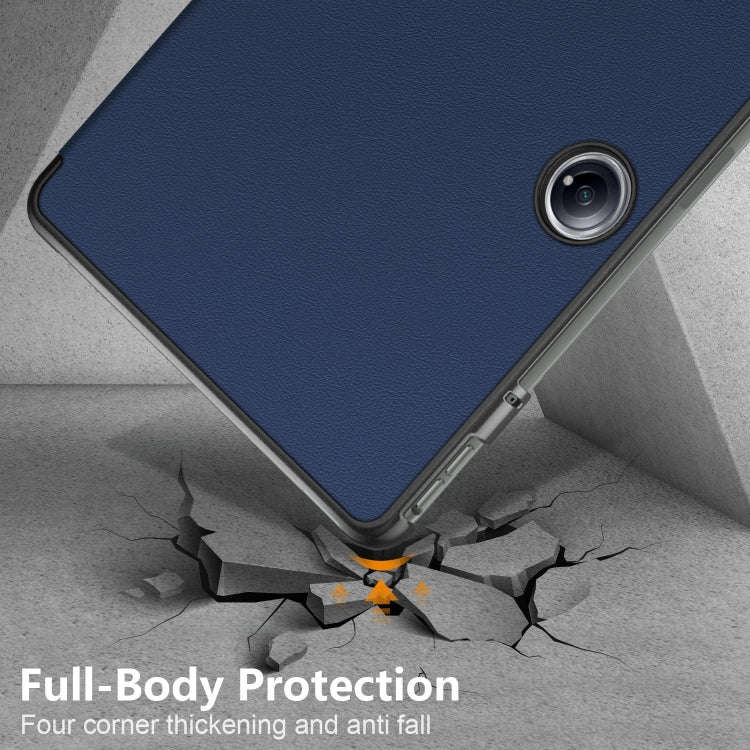 For OnePlus Pad Pro / Pad 2 Custer Solid Color 3-fold Holder Smart Leather Tablet Case(Dark Blue)