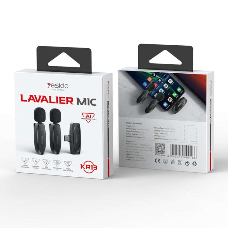 YESIDO KR13 Dual Low-latency Wireless Lavalier Microphone with Type-C Receiver(Black)
