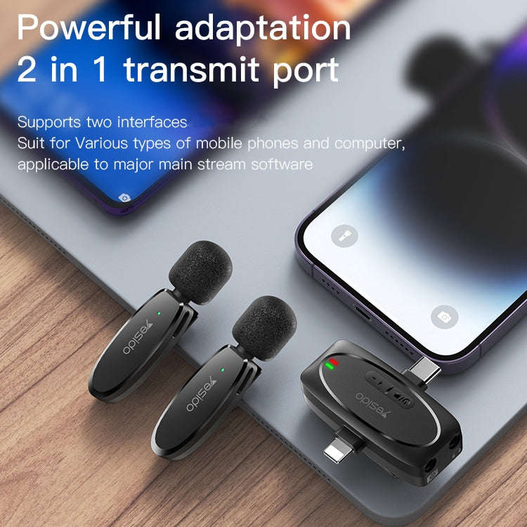 YESIDO KR15 Dual Low-latency Wireless Lavalier Microphone with 3 in 1 Receiver(Black)