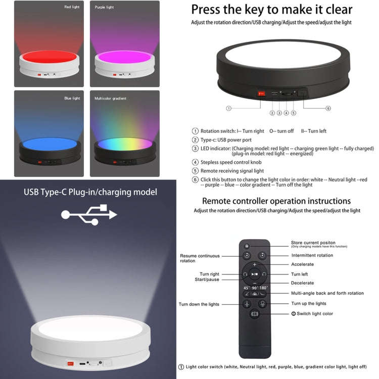 22cm Colorful LED Light Electric Rotating Display Stand Turntable, Style:Battery Charging(White)