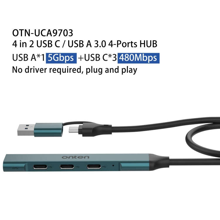 Onten UCA9703 4 in 2 USB 3.0 + Type-C to 3 Type-C + USB HUB Docking Station (Pine Needle Green)
