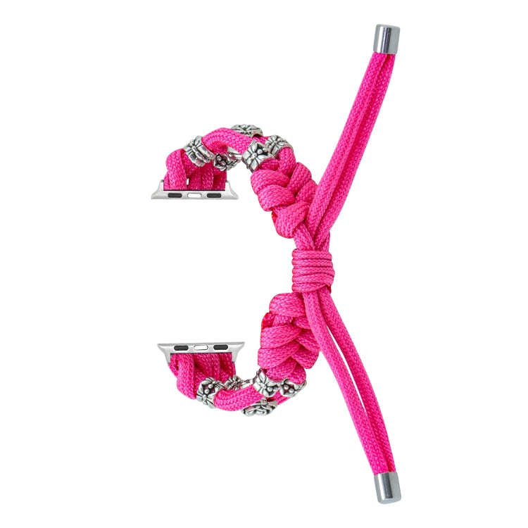 For Apple Watch Series 6 44mm Chrysanthemum Beads Paracord Braided Watch Band(Rose Red)