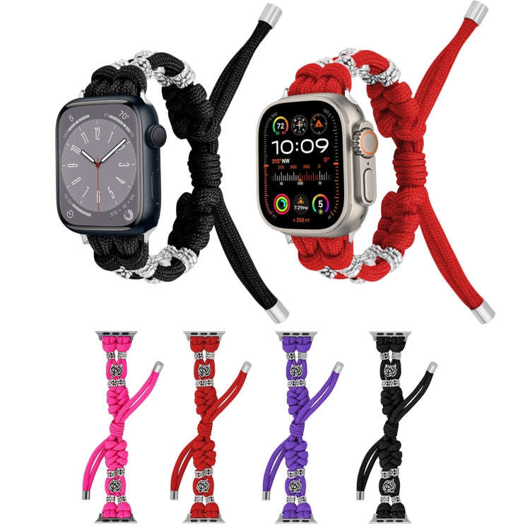 For Apple Watch Series 7 45mm Chrysanthemum Beads Paracord Braided Watch Band(Red)