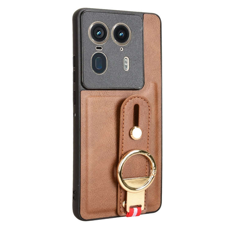 For Motorola Edge 50 Ultra Wristband Leather Back Phone Case(Brown)