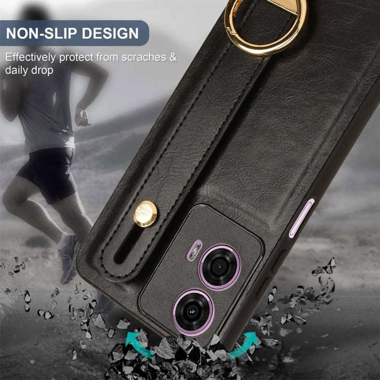 For Motorola Moto E14 Wristband Leather Back Phone Case(Black)