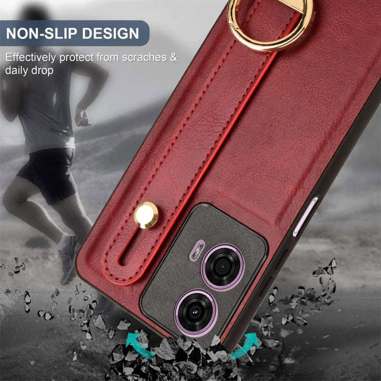 For Motorola Moto E14 Wristband Leather Back Phone Case(Red)
