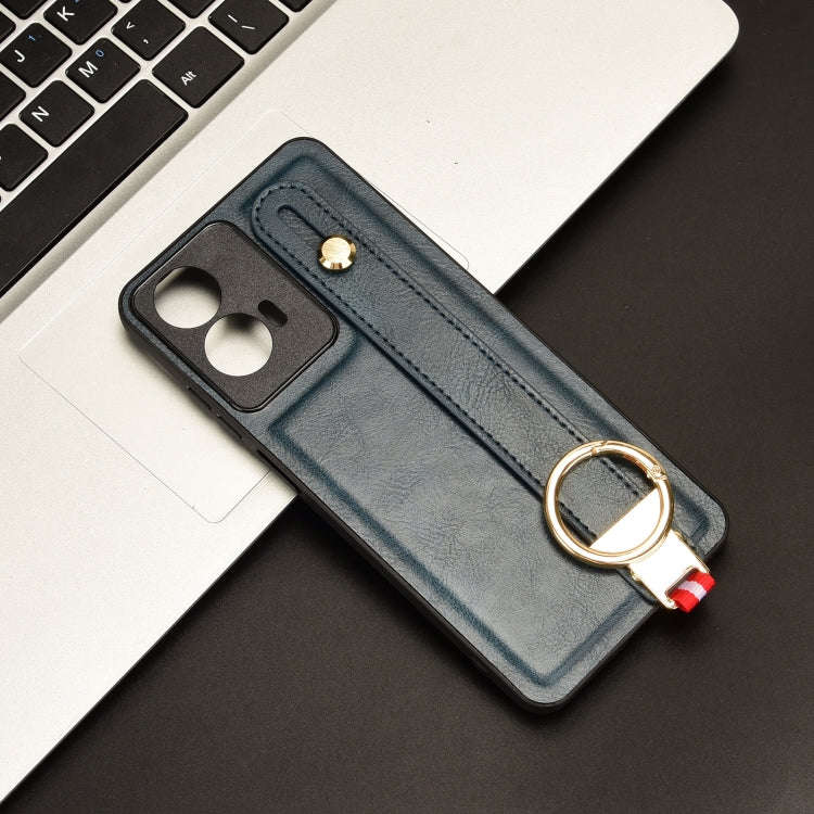 For Motorola Moto E14 Wristband Leather Back Phone Case(Blue)