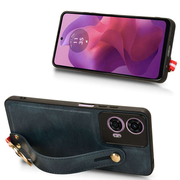 For Motorola Moto E14 Wristband Leather Back Phone Case(Blue)