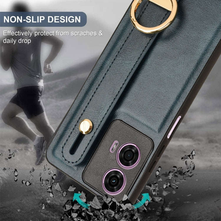 For Motorola Moto E14 Wristband Leather Back Phone Case(Blue)