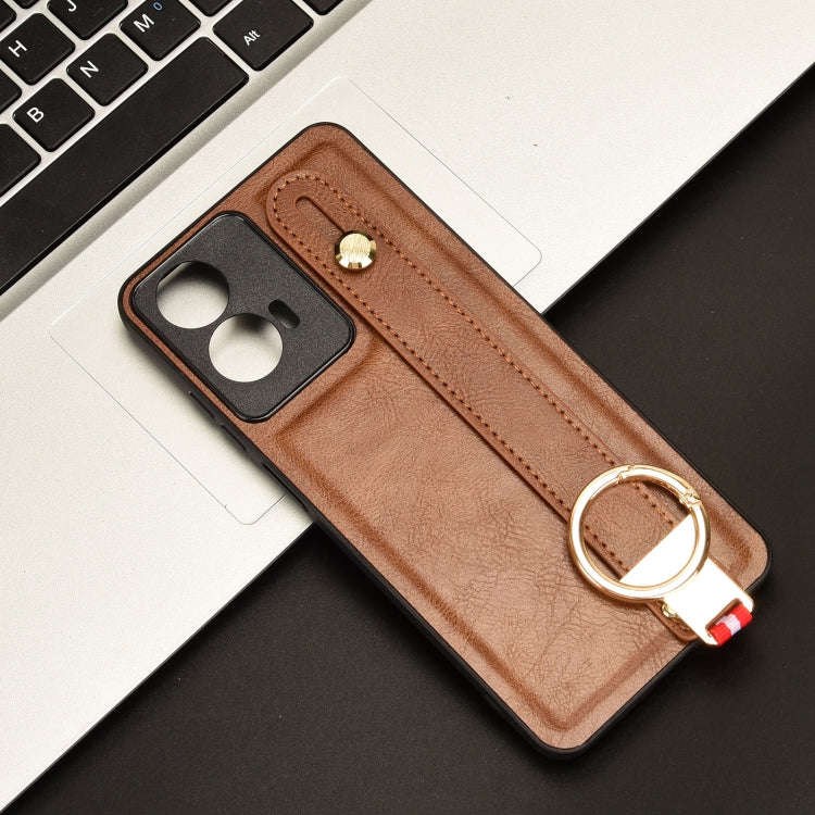 For Motorola Moto E14 Wristband Leather Back Phone Case(Brown)