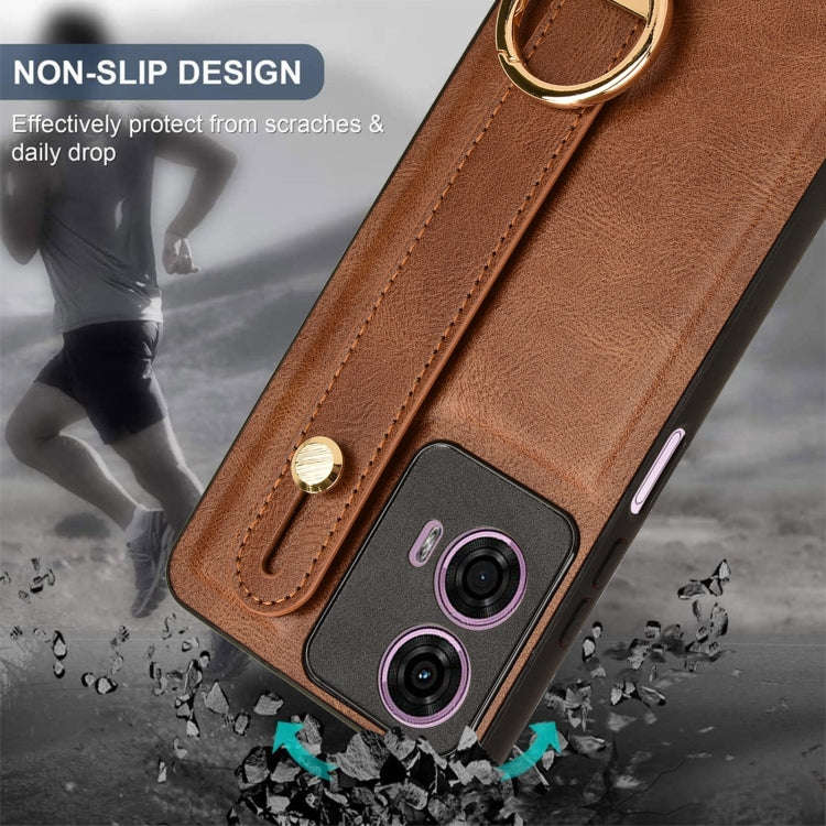 For Motorola Moto E14 Wristband Leather Back Phone Case(Brown)
