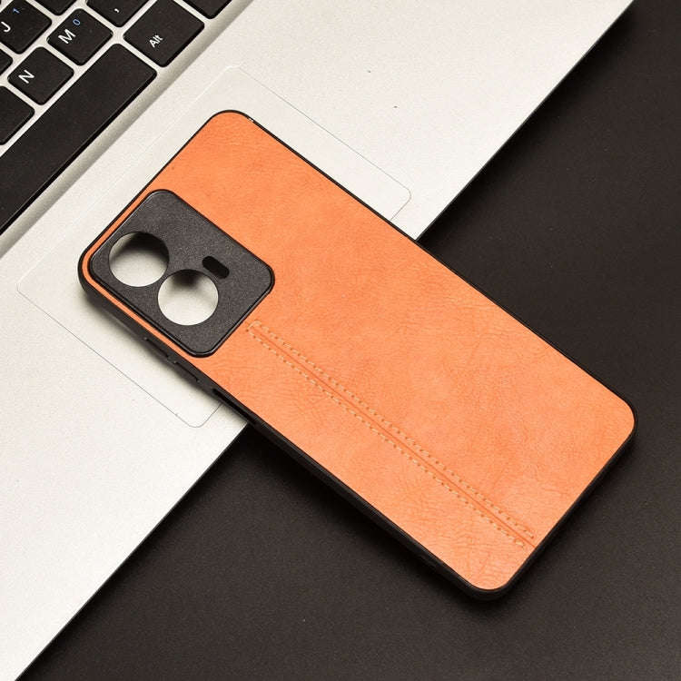For Motorola Moto E14 Cow Pattern Sewing Back Cover Phone Case(Orange)