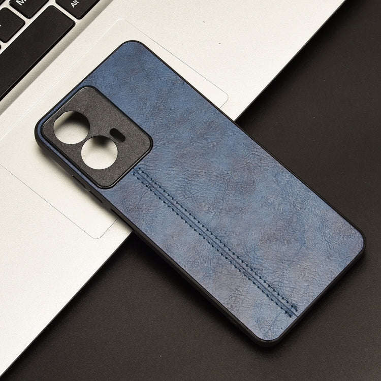 For Motorola Moto E14 Cow Pattern Sewing Back Cover Phone Case(Blue)