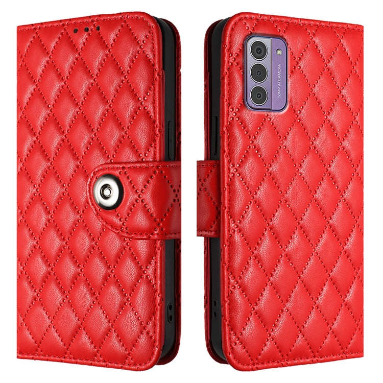 For Nokia G42 / G310 Rhombic Texture Flip Leather Phone Case with Lanyard(Red)