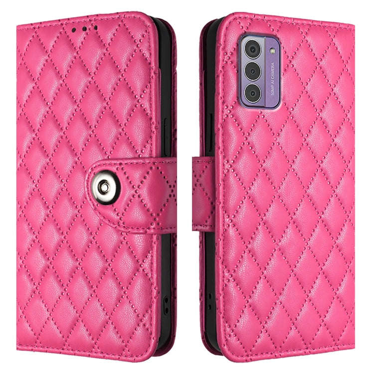 For Nokia G42 / G310 Rhombic Texture Flip Leather Phone Case with Lanyard(Rose Red)