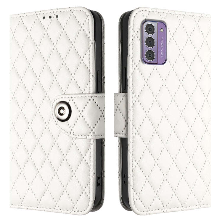 For Nokia G42 / G310 Rhombic Texture Flip Leather Phone Case with Lanyard(White)