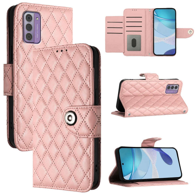 For Nokia G42 / G310 Rhombic Texture Flip Leather Phone Case with Lanyard(Coral Pink)