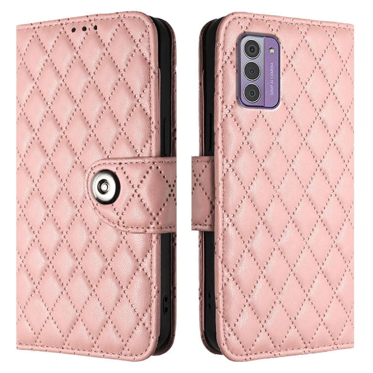 For Nokia G42 / G310 Rhombic Texture Flip Leather Phone Case with Lanyard(Coral Pink)