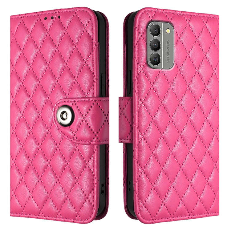 For Nokia G400 Rhombic Texture Flip Leather Phone Case with Lanyard(Rose Red)
