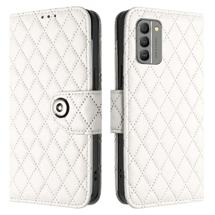 For Nokia G400 Rhombic Texture Flip Leather Phone Case with Lanyard(White)