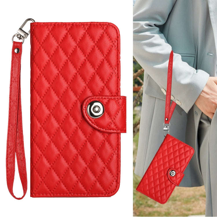 For Honor X6b Rhombic Texture Flip Leather Phone Case with Lanyard(Red)
