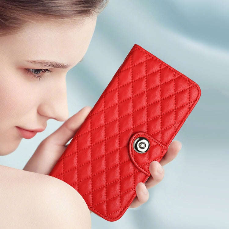 For Honor X6b Rhombic Texture Flip Leather Phone Case with Lanyard(Red)